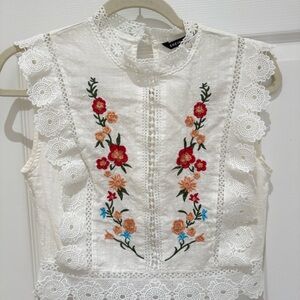 SHEIN Ivory Floral Embroidered Lace Blouse